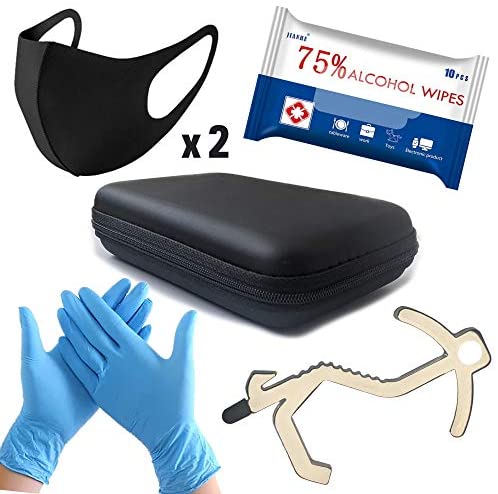 PPE Travel Kit with 2 Washable Face Masks, Nitrile Gloves, 10 Moist Towelettes, No Touch Door Opener Tool, Waterproof Case