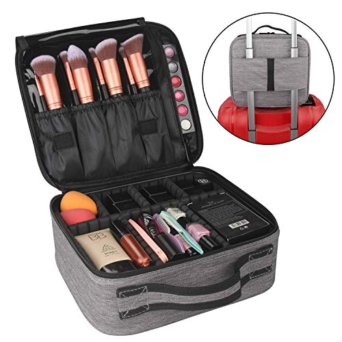Relavel Travel Makeup Bag Makeup Train Case Cosmetic Storage Box Brush Organizer Professional Makeup Artist Travel Case with Adjustable Compartment Elastic Band for Trolley Case (Gray)