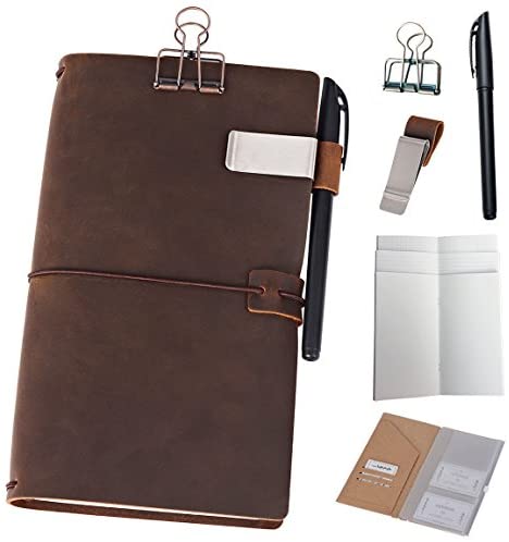 Refillable Leather Journal Travelers Notebook - 8.5 x 4.5 Travel Diary with 5 Inserts + Pen Holder and Binder Clip, Standard Size, Brown