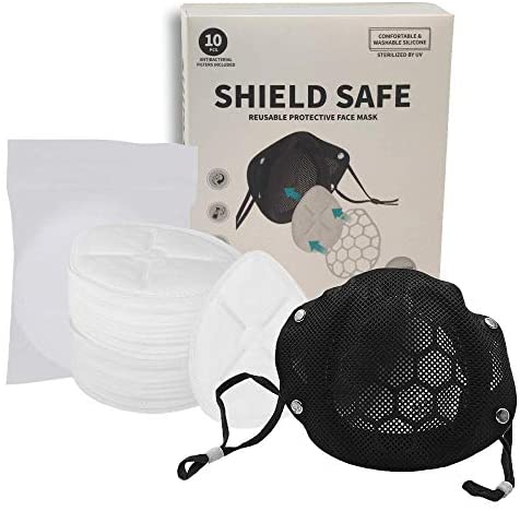 Shield Safe Reusable Protective Face Mask with 10 Filters, Comfortable, Washable Silicone, UV Sterilized - Adult Size (Black)