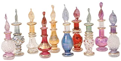 CraftsOfEgypt Genie Blown Glass Miniature Perfume Bottles for Perfumes & Essential Oils, Set of 10 Decorative Vials, Each 2" High (5cm), Assorted Colors