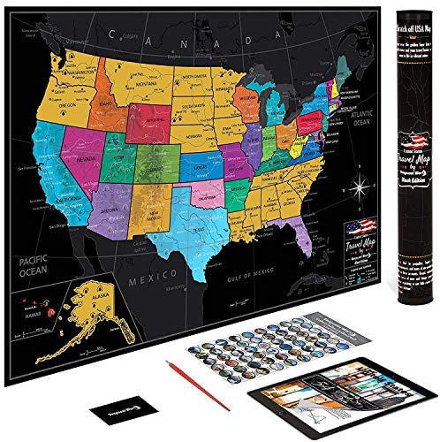 US Map w/ Scratch Off Ink by VespucciWorld (24x17" Glossy Laminated) Beautiful Wall Poster to Show Off Your United States Travel Destinations - Unique Accessories Set & 54 USA Landmarks Ebook