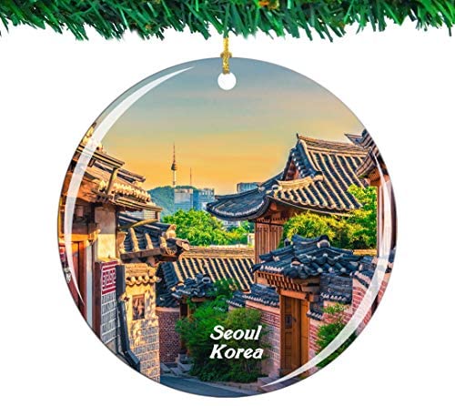 Weekino Bukchon Hanok Village Seoul Korea Christmas Ornament City Travel Souvenir Collection Double Sided Porcelain 2.85 Inch Hanging Tree Decoration
