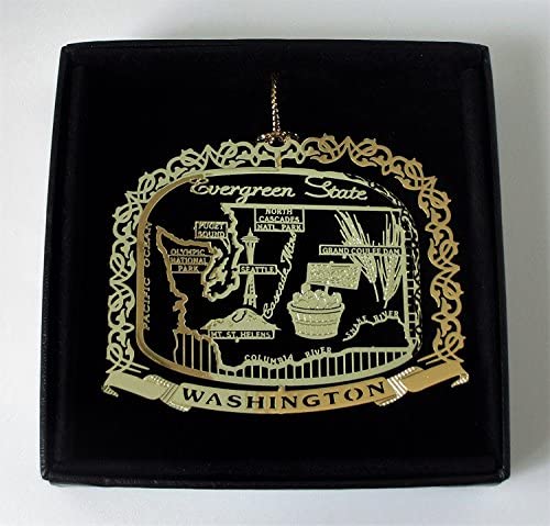 Washington State Brass Ornament Black Leatherette Gift Box