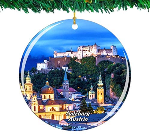 Weekino Austria Fortress Hohensalzburg Salzburg Christmas Ornament City Travel Souvenir Collection Double Sided Porcelain 2.85 Inch Hanging Tree Decoration