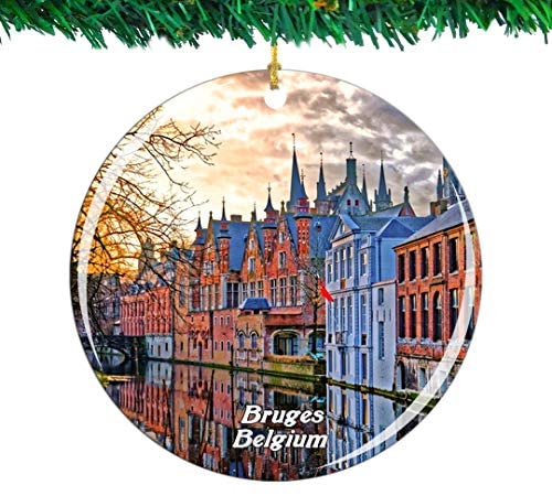 Weekino Belgium Historic Centre of Brugge Bruges Christmas Ornament City Travel Souvenir Collection Double Sided Porcelain 2.85 Inch Hanging Tree Decoration