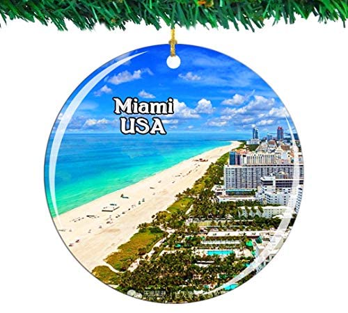 Weekino USA America Beach Miami Christmas Ornament City Travel Souvenir Collection Double Sided Porcelain 2.85 Inch Hanging Tree Decoration