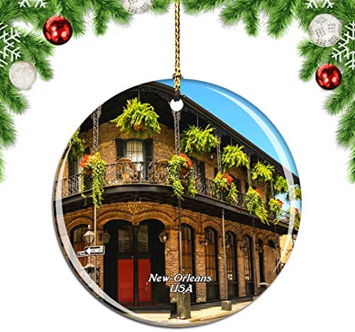 Weekino USA America French Quarter New Orleans Christmas Xmas Tree Ornament Decoration Hanging Pendant Decor City Travel Souvenir Collection Double Sided Porcelain 2.85 Inch