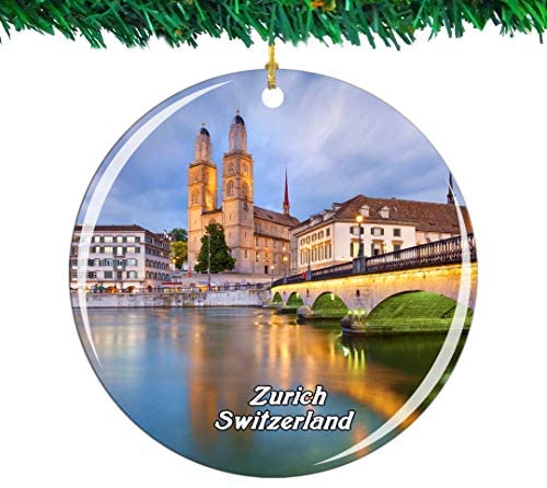 Weekino Switzerland Grossmunster Zurich Christmas Ornament City Travel Souvenir Collection Double Sided Porcelain 2.85 Inch Hanging Tree Decoration
