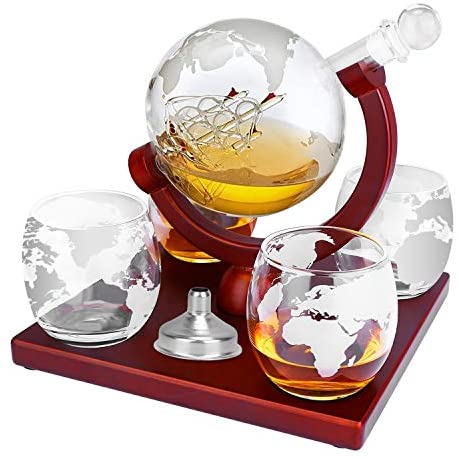 TeqHome Whiskey Decanter Set, Globe Wine Decanter with 4 Etched Glasses, Decanter Sets with Stainless Steel Funnel, for Liquor, Scotch, Bourbon, 1000ml