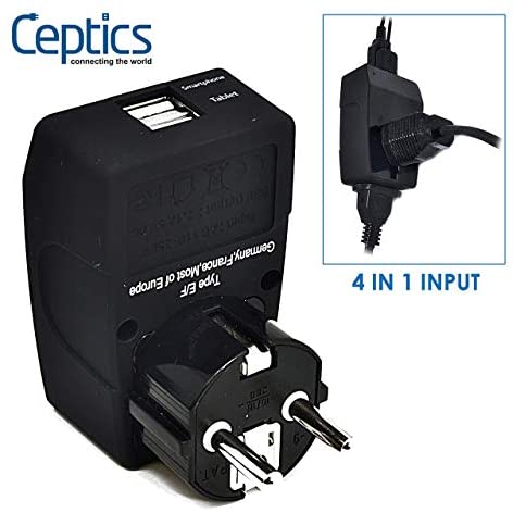 Ceptics GP4-9 2 USB Schuko Travel Adapter 4 in 1 Power Plug (Type E/F) - Universal Socket