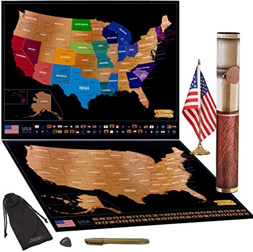 Scratch off Map of USA Travel Poster With US States Outlined State Flags 24” x 17" | United States Scratchable Tracker Map Perfect Set For Travellers Detailed Large Wall Art Decor (Black | Gold)