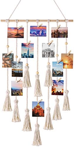 Mkono Hanging Photo Display Macrame Wall Hanging Pictures Organizer Boho Home Decor, with 30 Wood Clips, Ivory