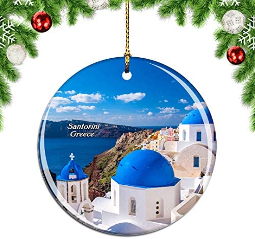 Weekino Greece Blue Church Oia Santorini Christmas Xmas Tree Ornament Decoration Hanging Pendant Decor City Travel Souvenir Collection Double Sided Porcelain 2.85 Inch