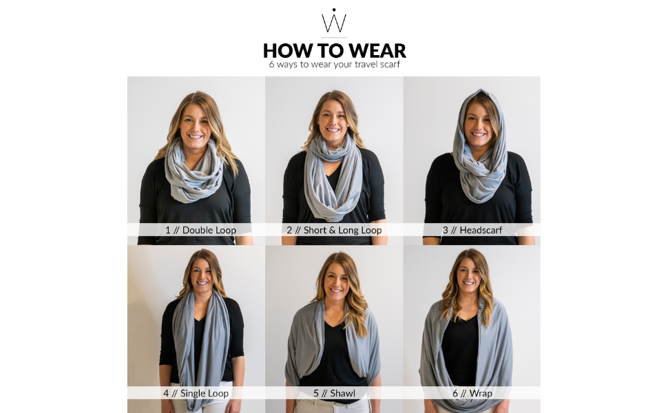 How to wear your travel scarf 6 ways style double loop single wrap headscarf shawl headwrap