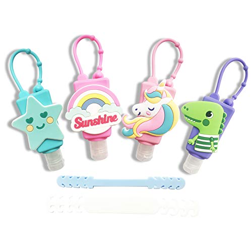 Hand Sanitizer Holder Keychain for Backpack Empty Hand Sanitizer Travel Size Holder Keychain 30ML Cartoon Fun Bundle 4 PACK Reusable Squeeze Bottles