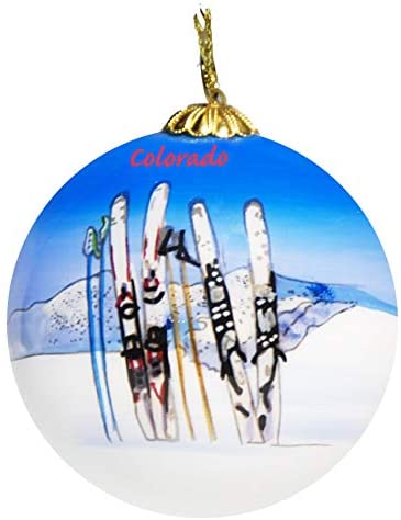 Art Studio Company Hand Painted Glass Christmas Ornament - Skis & Poles in Snow Colorado