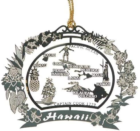 I Love My State Hawaii Brass Christmas Ornament Black Leatherette Gift Box