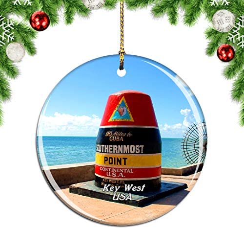 Weekino USA America Southernmost Point Key West Christmas Xmas Tree Ornament Decoration Hanging Pendant Decor City Travel Souvenir Collection Double Sided Porcelain 2.85 Inch