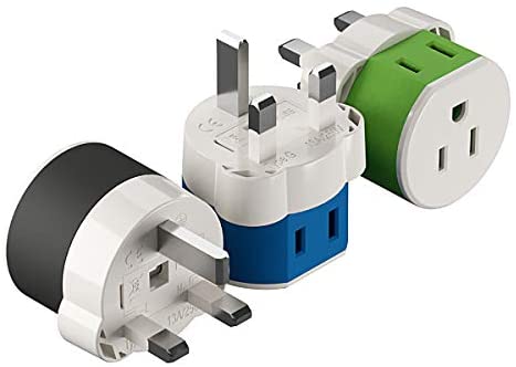 UK, Ireland, Dubai Power Plug Adapter by OREI with 2 USA Inputs - Travel 3 Pack - Type G (US-7) Fuse Protected Safe Grounded Use with Cell Phones, Laptop, Camera Chargers, CPAP, and More