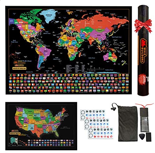 Scratch Off Map of The World : United States USA Scratchable Travel Wall Art , Large World Map Poster , Travel Tracker , US State & Country Flags , Memory Stickers Magnifier & Scratch Art Tool