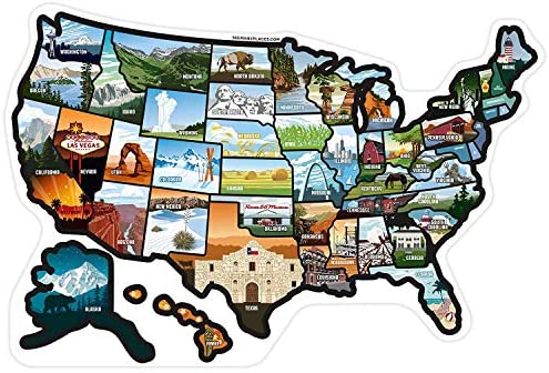 RV State Sticker Travel Map of The United States (21” x 14.5”/Large) - Travel Camper Map RV Decals for Window, Door, or Wall - Includes 50 State Decal Stickers with Scenic Illustrations