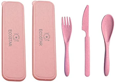 ECOSTAR Portable Wheat Straw Cutlery Set, 3-Piece Reusable Eco-Friendly BPA Free Utensils including Biodegradable Knife Spoon Fork and Travel Case - Great for Kids and Adults (Pink, 2)