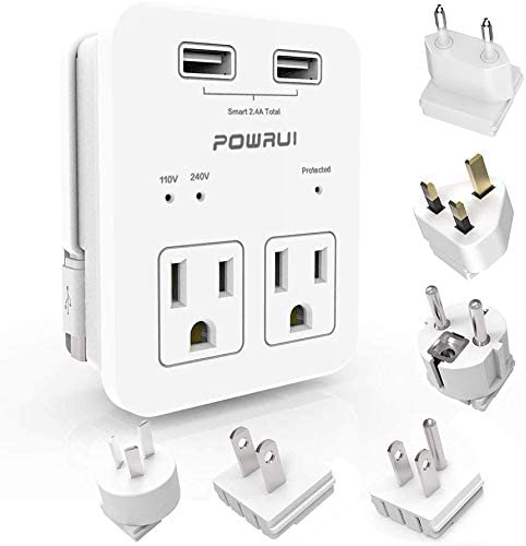 International Power Adapter, POWRUI Surge Protector Travel Adapter with 2 USB Ports & 2 US Outlets, Plug for Europe, UK, China, Australia, Japan, Fit for Laptop, Cell Phones (Not Voltage Converter)