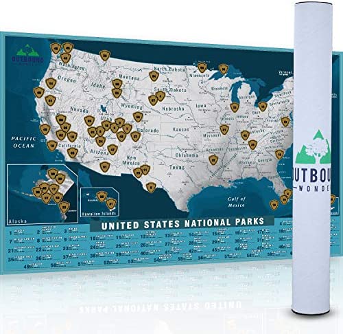 Outbound Wonder US National Parks Scratch Off Map, 2020 Edition, United States Trail and Hiking Adventure Poster with 61 Locations, Fun for Travelers, Families, Kids