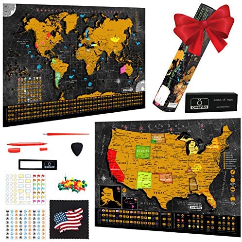 Scratch Off World Map Poster - 17x24 Inches - Bonus United States Map with Detailed Outlined States, Flags, Capitals, Populations, Landmarks, Time Zones - Full Accessories Set & Name-tag Gift Box