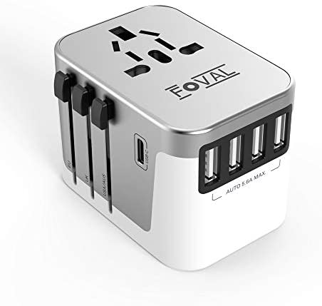 Universal Travel Adapter, Foval Type C International Travel Power Adapter, Travel Adapter Worldwide All in One Wall Charger AC Power Plug Adapter Type-C USB US/EU/UK/AU 110V~230V(White & Silver)