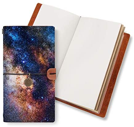 Refillable Travelers Notebook Handmade Vegan Leather Travel Journal Handmade Refillable Travel Planner for Men and Women 8.6"x 4.9” Inch Starry Night