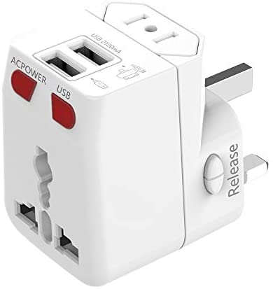 Universal Travel Adapter, Wonplug International Power Adapter Travel Plug with 2.1A Dual USB, Worldwide Plug Adapters for UK/AU/US/EU,Europe,European,Work Over 150 Countries (White)