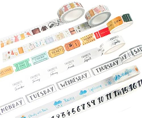 Washi Tape Set of 7 Rolls - Travel Planner Daily Life Diary Number Weather Week Date Notebooks Decorative DIY Japanese Masking Adhesive Sticky Paper Washi Tape Set (Width: 15mm)
