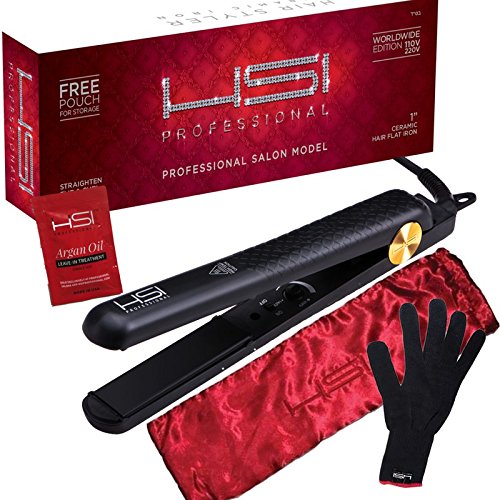 HSI Professional Glider | Ceramic Tourmaline Ionic Flat Iron Hair Straightener | Straightens & Curls with Adjustable Temp | Incl Glove, Pouch, & Travel Size Argan Oil Hair Treatment | Packaging Varies
