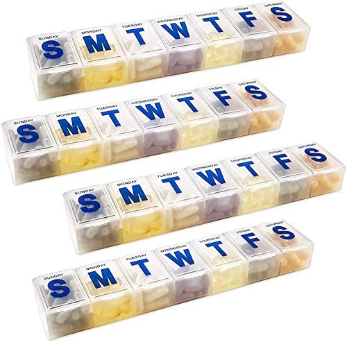Weekly Pill Organizer - (Pack of 4) 7-Day Pill Planners Extra Large Pill Planner and Daily Pill Organizer and Medicine Reminder, Monday to Sunday Compartments - BPA Free - Travel Pill Box Case