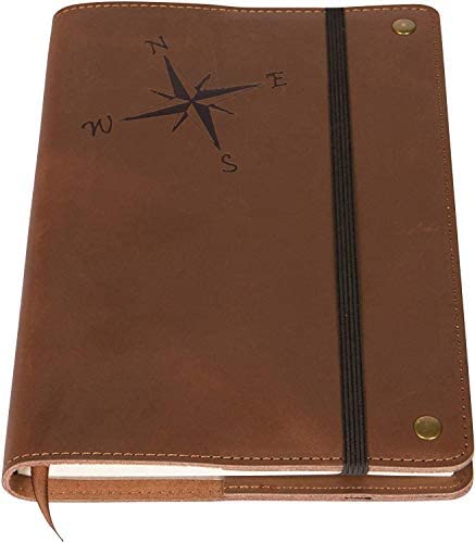 The Compass Rose - Real Leather Refillable Writing Journal | Elastic Strap | Blank Journal | 200 Lined Pages, 6 x 8.5 Inches for Travel, Personal, Poetry | Brown | The Amazing Office