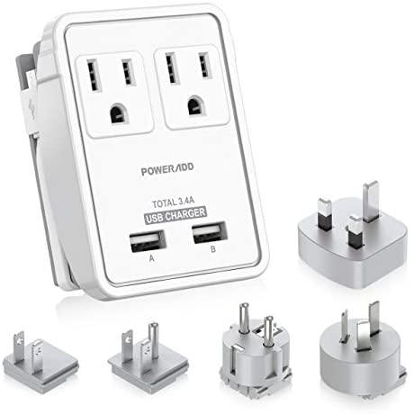 [2nd Gen] POWERADD Travel Adapter Kits - 3.4A USB with AC Outlets + Plugs for UK, US, AU, Europe & Asia, Charge Laptop, Cellphons, Camera - UL Listed