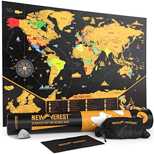 NEWVEREST Scratch Off Map of the World, Detailed Travel Art Poster, Fits 24 x 17 inches Frame, Comes with Scratch Tool, 20 Push Pins, 4 Stickers, Cleaning Cloth, Carry Bag + Gift Tube